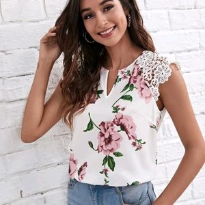 3/$21 Floral Crochet Sleeve Top (Donated)